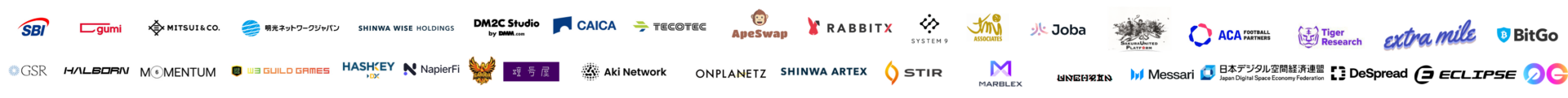 SBI/gumi/MITSUI&CO/SHINWA WISE HOLDINGS/DM2C Studio/CAICA/TECOTEC/GSR/HALBORN/MOMENTUM/W3 GUILD GAMES/HASHKEY/NapierFi/GARUDA GUILD GAMES