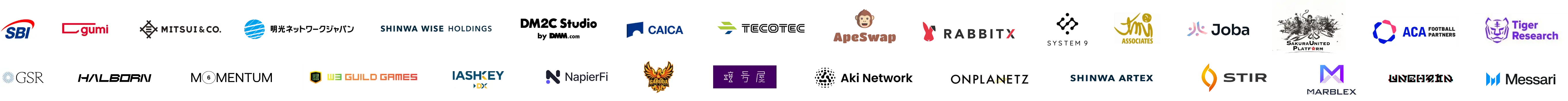 SBI/gumi/MITSUI&CO/SHINWA WISE HOLDINGS/DM2C Studio/CAICA/TECOTEC/GSR/HALBORN/MOMENTUM/W3 GUILD GAMES/HASHKEY/NapierFi/GARUDA GUILD GAMES